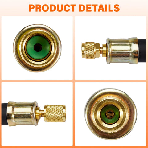Top view of brass HVAC vacuum hose end, 1/2 in diameter, with green seal
Side view of knurled brass quick-connect fitting on black vacuum hose
Close-up side view of brass connector with knurled nut on hose end
Bottom view of brass HVAC vacuum hose end with green seal