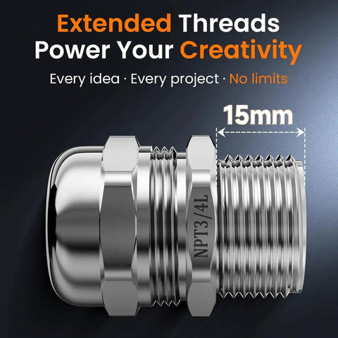 Two Pack Three Quarter Inch NPT Stainless Steel Cable Glands Waterproof IP68 Rugged Heavy Duty Metal Strain Relief Cord Grip