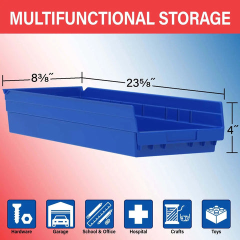 Heavy Duty Plastic Shelf Bins 24-Inch By 8-Inch By 4-Inch In Blue, 6 Pack, shown from side view with dimensions