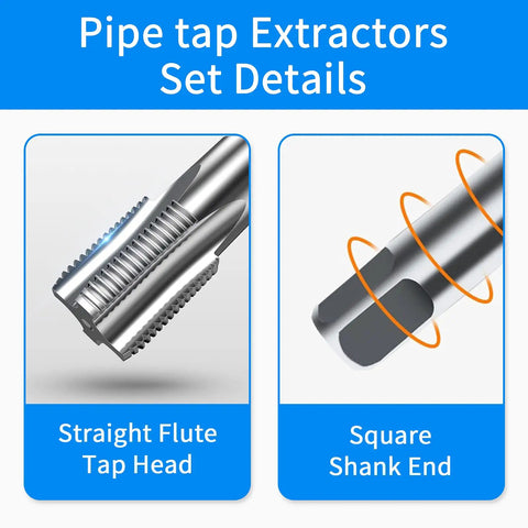 Versatile 5 Piece NPT Pipe Tap Set In Carbon Steel For Hand Threading And Accurate Threads showing straight flute tap head and square shank