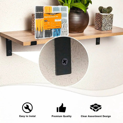 270 Piece Wall Anchors Kit For Drywall And Concrete Includes Five Essential Sizes on a wooden shelf with potted plants.