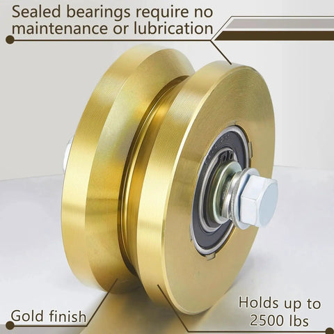 Solid 4 Inch V Groove Gate Wheel Set Heavy Duty Sliding Gate Rollers One And Three Quarters Inches Width Caster Wheels With 2500 Lbs Capacity Screw Mount Double Bearing Pair Two Sets, gold finish, side view.