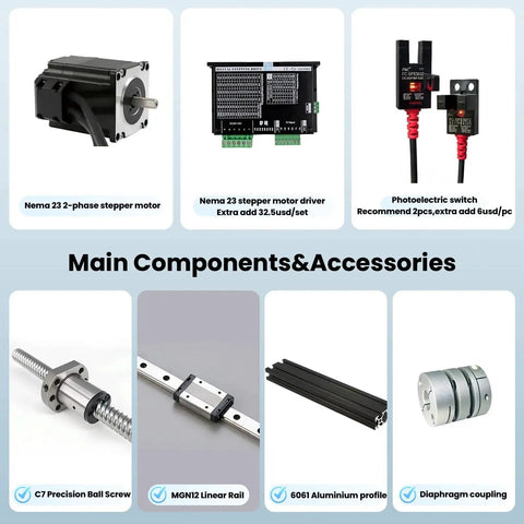 Components of HMS40 Series Linear Guide Rail Module With NEMA23 56mm Motor for 3D Printers and CNC Machines, 600mm Stroke, 10mm Lead