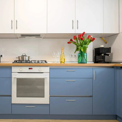 Modern kitchen with blue cabinets, installed with 30 Pack Brushed Nickel Cabinet Pulls 7-3/8 Inch Long Stainless Steel Handles