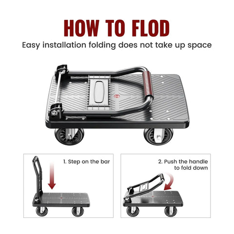 Illustration showing how to fold the Upgraded Foldable Push Cart Dolly With 780 Lb Capacity And 360 Degree Swivel 5 Inch PU Wheels For Quiet Operation.