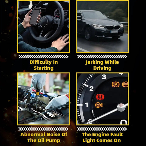 Collage showing symptoms of car fuel issues: difficulty in starting, jerking while driving, abnormal noise, engine fault light.