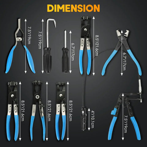Long Reach Hose Clamp Pliers Set for Auto Fuel Oil Water Hoses 9 Pieces showing dimensions and tool variety