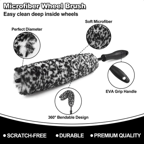 All In One Car Wheel Cleaning Kit With Long Handle Brushes, Tire Brush, Soft Microfiber Wheel Brushes, Rim Cleaner Brushes