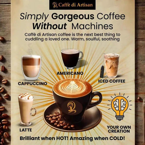 Selection of coffee styles including cappuccino, americano, iced coffee, latte shown with Caffè di Artisan branding, beans scattered.