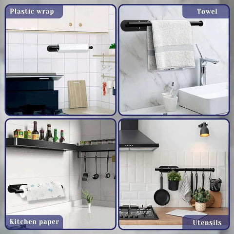 Under Cabinet Paper Towel Holder With Self Adhesive Or Drilling Mount Stainless Steel Black Wall Mounted Organizer in kitchen and bathroom settings