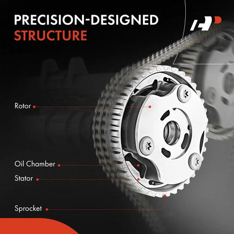 Front view of A-Premium VVT camshaft adjuster sprocket assembly in metallic silver