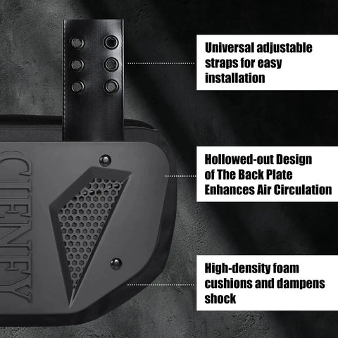 Close-up view of High Impact Football Back Plate For Shoulder Pads with adjustable straps and foam core for spine protection.