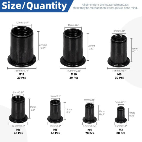 320 Piece Metric Rivet Nuts Kit M3 Through M12 With Flat Head Rivnut Inserts Black Zinc Plated Carbon Steel