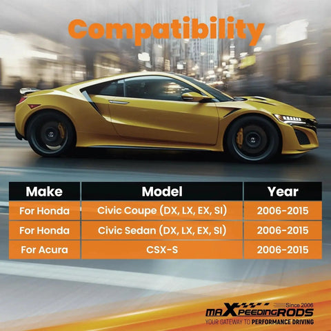 Compatibility chart showing rear upper control arms with polyurethane bushings for Honda Civic 2006-2015 and Acura CSX-S.