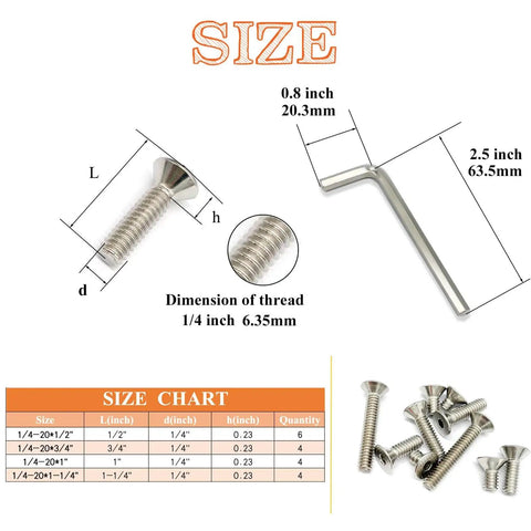 18 Piece 1/4-20 Countersunk Head Socket Cap Screws Set With Allen Keys In 304 Stainless Steel Four Lengths 1/2 Inch 3/4 Inch 1 Inch 1-1/4 Inch Corrosion Resistant Machine Screws Kit, includes size chart and measurements.