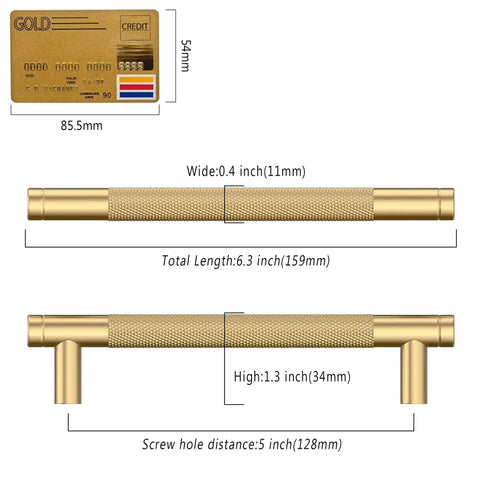 10 Pack 5 Inch Champagne Bronze Cabinet Pulls dimensions with comparison to credit card, showing 6.3 inch total length and screw hole distance