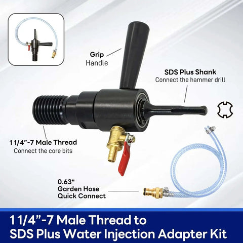 Heavy Duty 2-1/2 Inch Wet Core Drill Bit Kit With SDS Plus Water Injection Adapter And 14 Inch Depth Includes Water Hose Kit And Quick Connect DaduoRi Pro Welded Core Bits For Concrete With Rebar Brick Masonry And Mortar showing SDS Plus water adapter components.