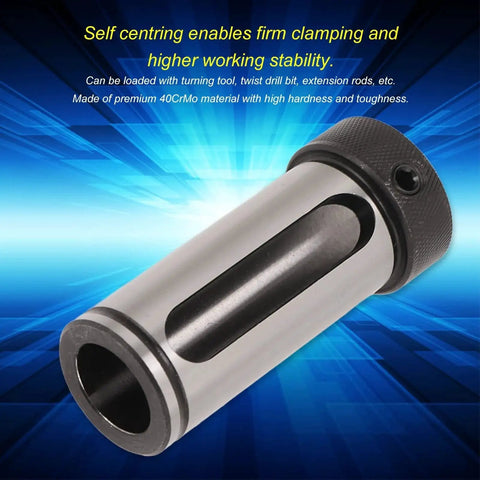 Front-side view of a silver Morse taper drill sleeve adapter with knurled black end, for MTA1–MTA4 lathe/milling use