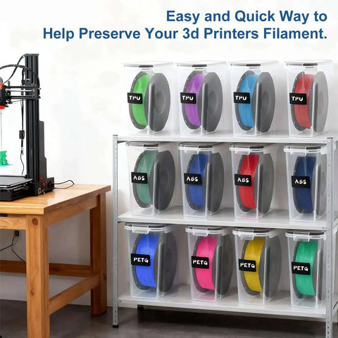 Pro Grade Airtight Filament Dry Box Set 6 Pack 4.0L Storage Bins With Desiccant Bags And Labels in use with filament spools