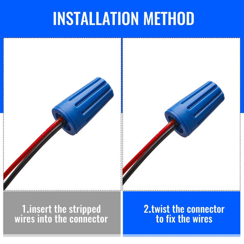 Blue waterproof outdoor wire connector, 40-piece set for wet locations; front view with red and black wires.