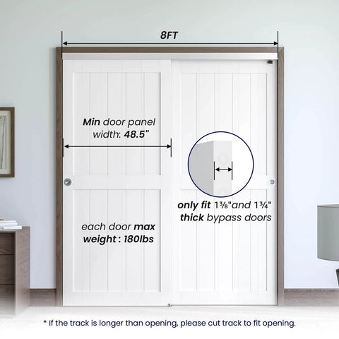 Diagram of 96-Inch Bypass Sliding Door Hardware Kit showing 8ft track and door panel measurements for cabinets and closets.