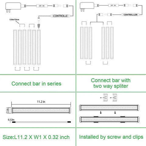 Diagram showing connection options for Under Cabinet LED Light Bar Kit 12V Plug In Dimmable With Switch 6 Panel Daylight White Bar Lights.