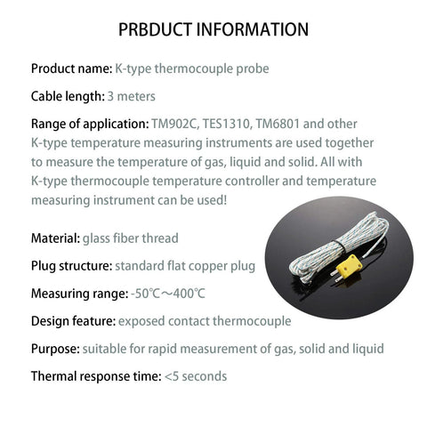 K-type thermocouple probe, 5-piece set, 3 m cable, glass fiber sheath, copper flat plug, -50 to 400°C.