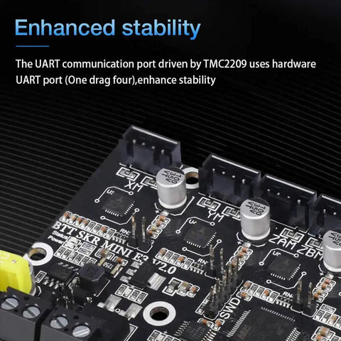 Close-up of Silent 32Bit SKR Mini E3 V2 Control Board with TMC2209 UART Drivers, highlighting enhanced stability for Ender 3 printers.