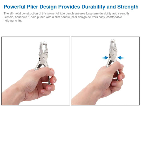Hand holding Tiny One Eighth Inch Circle Hole Paper Punch, compact handheld metal puncher for tags with anti rust construction and grippy handle.
