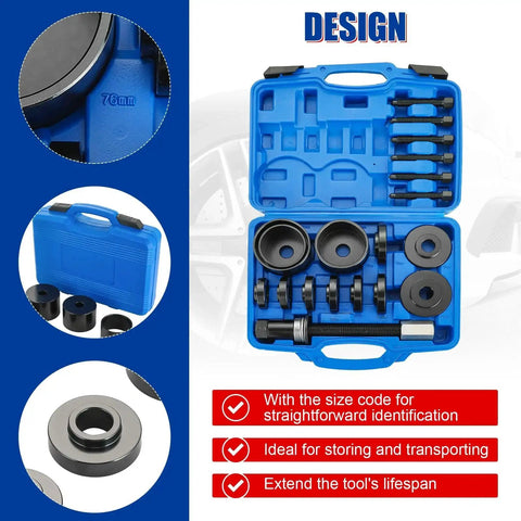19 Piece Front Wheel Drive Bearing Removal And Installation Tool Kit with Adapter Puller in blue carrying case