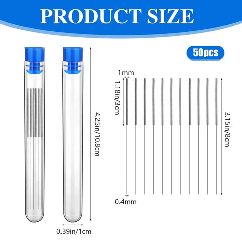 Bulk 50 Pieces 0.4 mm Stainless Steel 3D Printer Nozzle Cleaning Kit with storage bottles shown with needle dimensions