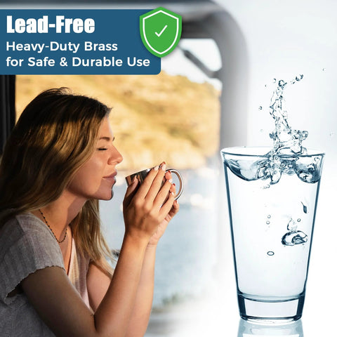 RV high-flow water regulator concept image; woman sipping from a mug beside a splashy glass of water