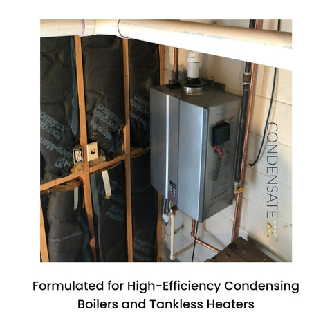 Condensate Neutralizer Kit For High Efficiency Condensing Boilers And Tankless Heaters With 1/2 FNPT, Hose Barb And 3/4 PVC Socket Adapters, Low Profile Drain Line Connection, Install Straight Or Up To 30 Degrees, White By American Valve installed on wall