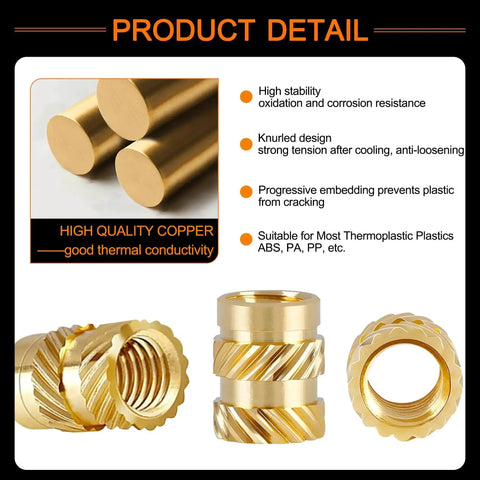 Heat Set Inserts Kit 400 Pcs Brass M2 To M6 Threaded Inserts For Plastic And 3D Printer Parts showing knurled nut details