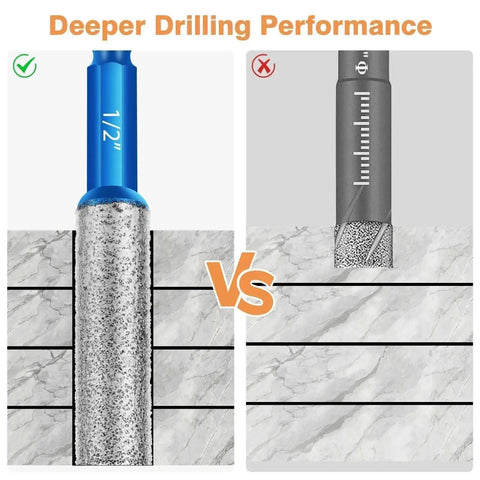 Comparison of SUNJOYCO Dry Diamond Drill Bit Set and standard bit for deeper drilling in marble and tile
