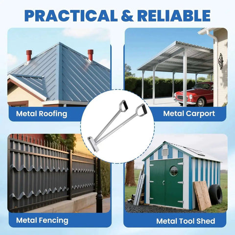 Collage of metal roofing, carport, fencing, tool shed with Heavy Duty Hand Seamer And 2 In 1 Metal Bender in center