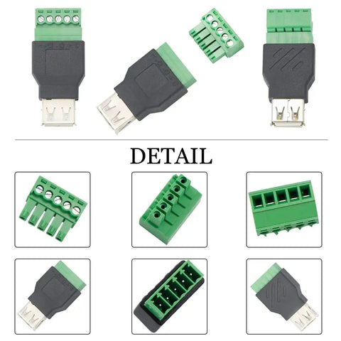 USB 2.0 Type A Breakout Board to 5 Pin Screw Terminal Connector Shield Adapter Kit with D Plus D Minus Terminals Shield 300V 8A Rating Pack of 4