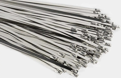 Close-up of 304 Stainless Steel Zip Ties 11.8 Inch Heavy Duty Built To Last Self Locking Cable Ties Multi Purpose 100 Pack for various uses.