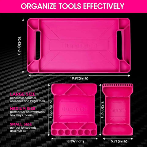 Flexible Silicone Tool Tray 3 Pack For Mechanics And Your Home Shop, Heat And Chemical Resistant Tool Organizer In Pink, Large 19.92 X 10.43 Inches, Medium 24.7 X 21.3 Inches, Small 9.72 X 5.71 Inches For Wrenches Hammers Screwdrivers Sockets