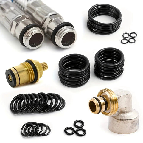 All In One O Ring Seal Kit With 950 Pieces In 20 Varieties Made From Durable Nitrile Rubber For Automotive And Plumbing, shown with fittings.