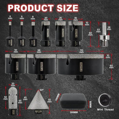 Tile Hole Saw Kit Pro Grade Diamond Core Drill Bits Set With Nine Diamond Bits In Sizes 6mm to 102mm shown with SDS Adapter