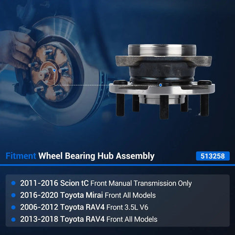Front Wheel Hub and Bearing Assembly 513258 Fits Scion tC 2011-2016, Toyota RAV4 2006-2018, Mirai 2016-2020, 5 Lug ABS