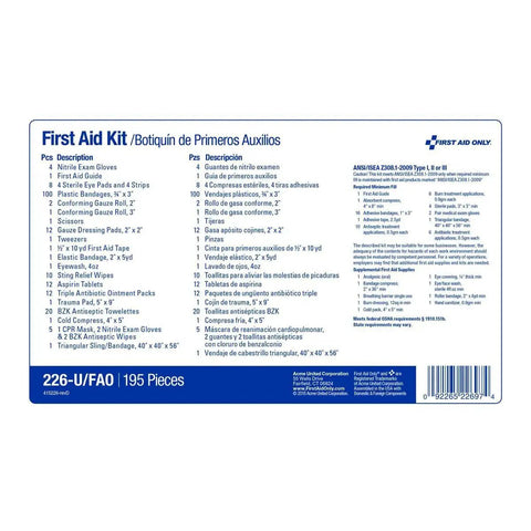Back view of OSHA Compliant 191-Piece First Aid Kit packaging, showing detailed contents list in English and Spanish.