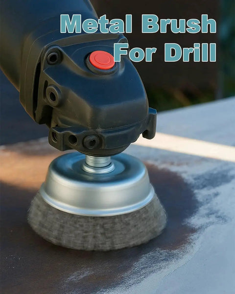 Close-up of a drill with a metal cup brush from the 10 Pc Drill Wire Brush Kit For Rust Removal Coarse Carbon Steel Hex Shank in use.