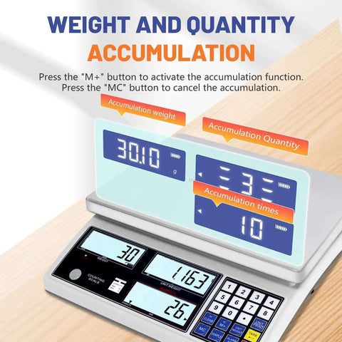 Heavy Duty Counting Scale For Small Parts 30kg 66lb Capacity, 1g Precision, digital display interface on wooden table.