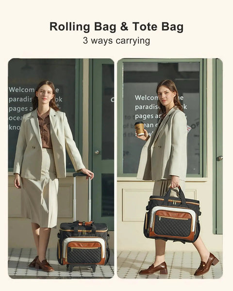 Woman demonstrating Three Way Carry Rolling Tote Bag With Detachable Dolly And Laptop Compartment in quilted design.