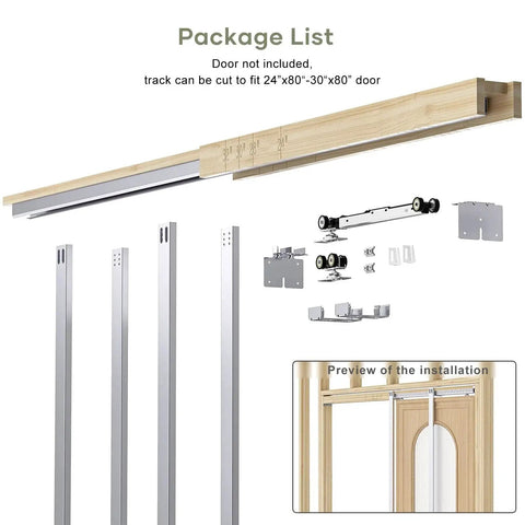 30X80 Inch Pocket Door Frame Kit With Two Way Soft Close For 2X4 Stud Walls Aluminum Track Sliding Hardware components displayed.