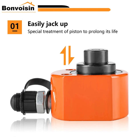 Side view of 10 Ton Portable Low Profile Hydraulic Cylinder Jack Multi Section 1 Inch Stroke, orange color, showing piston treatment.