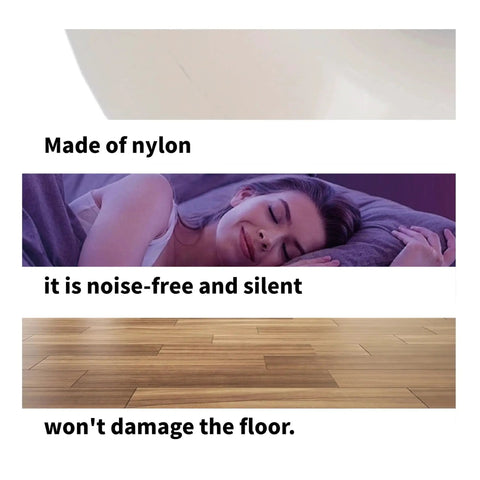 Close-up of a nylon sliding door wheel with text highlighting noise-free, silent operation and floor-safe features.
