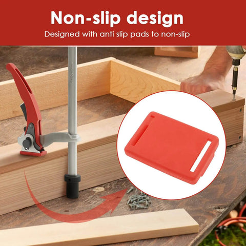 Two Piece Holdfast Dog Hole Clamps Set with Adjustable Range and Multi Angle Ratcheting Table Clamp for Woodworking Tools 20mm Non Slip Chrome Plated Base shown in use on wooden frame.